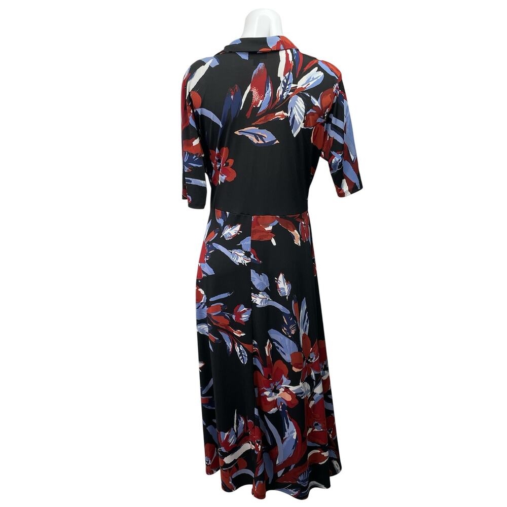 MSK Black Floral Short Sleeve V Neck Collared Tie A Line Maxi Wrap Dress Size L - Picture 3 of 5